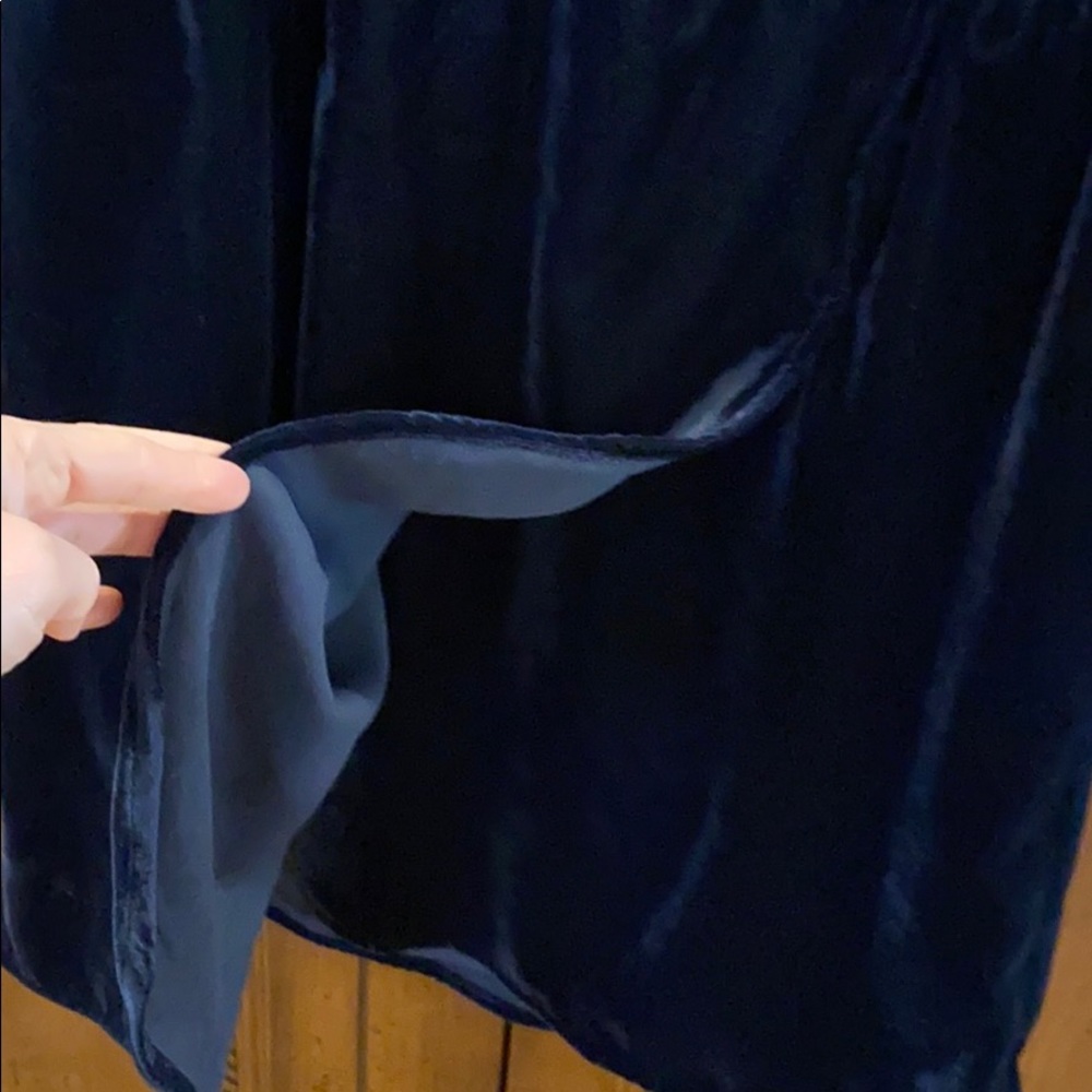 Navy velvet, long-sleeved faux wrap dress - Picture 2 of 3
